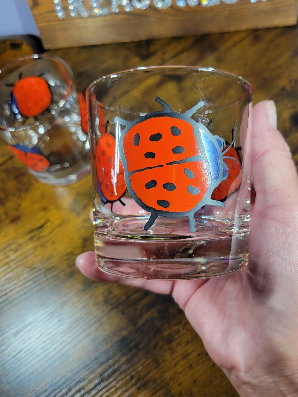 Clear Glass Tumbler lot of 2 with Red Ladybug Design - Picture 3 of 11